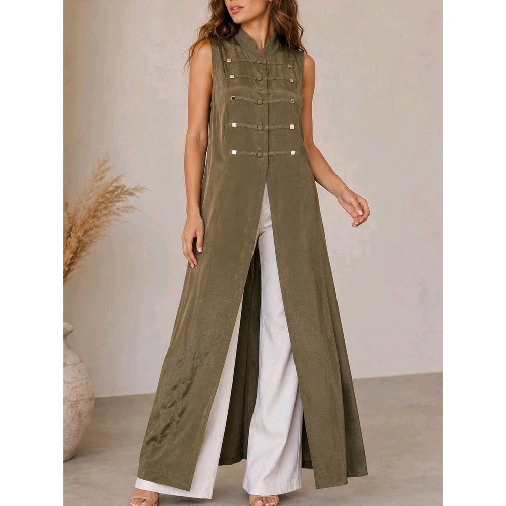 Vintage ISB Longline Duster Vest Sleeveless Jacket Size 12 Taupe Made USA